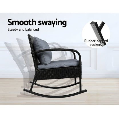 Gardeon Outdoor Furniture Rocking Chair Wicker Garden Patio Lounge Setting Black -Home Living Store - -