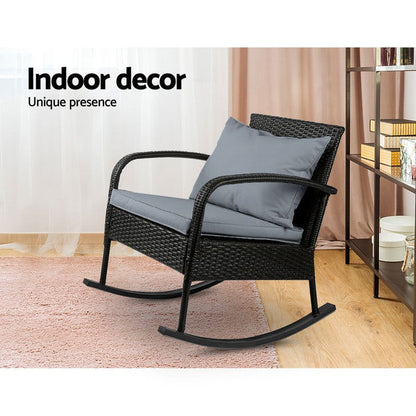 Gardeon Outdoor Furniture Rocking Chair Wicker Garden Patio Lounge Setting Black -Home Living Store - -