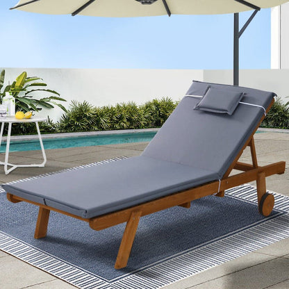 Gardeon Sun Lounge Wooden Lounger Outdoor Furniture Day Bed Wheel Patio Grey -Home Living Store - -