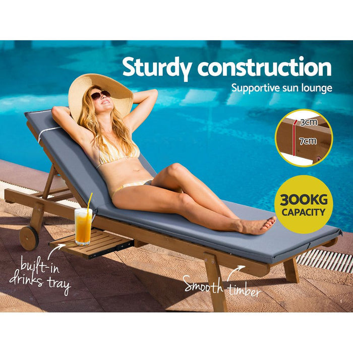 Gardeon Sun Lounge Wooden Lounger Outdoor Furniture Day Bed Wheel Patio Grey -Home Living Store - -