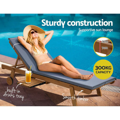 Gardeon Sun Lounge Wooden Lounger Outdoor Furniture Day Bed Wheel Patio Grey -Home Living Store - -
