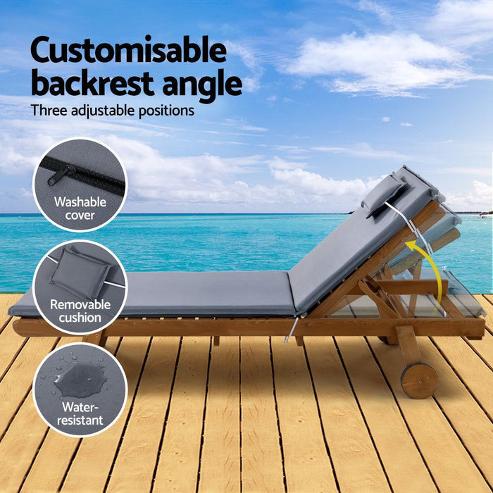 Gardeon Sun Lounge Wooden Lounger Outdoor Furniture Day Bed Wheel Patio Grey -Home Living Store - -