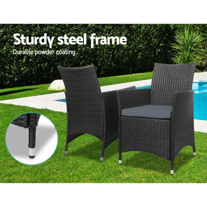 Gardeon Three Piece Bistro Wicker Outdoor Furniture Set Black -Home Living Store - -