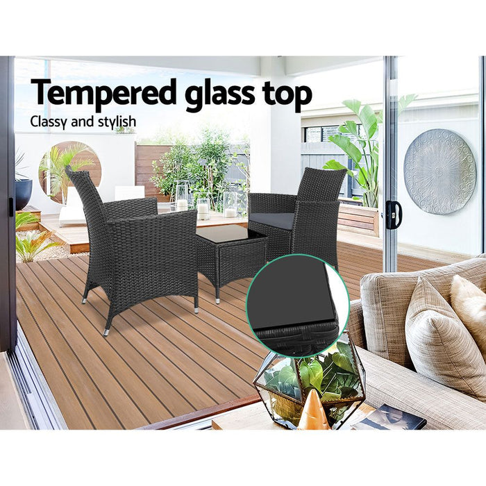 Gardeon Three Piece Bistro Wicker Outdoor Furniture Set Black -Home Living Store - -