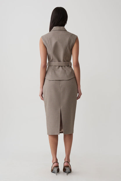 Gisella Suiting Midi Skirt - Tan Check