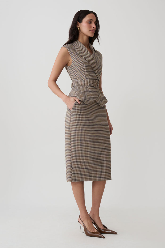 Gisella Suiting Midi Skirt - Tan Check