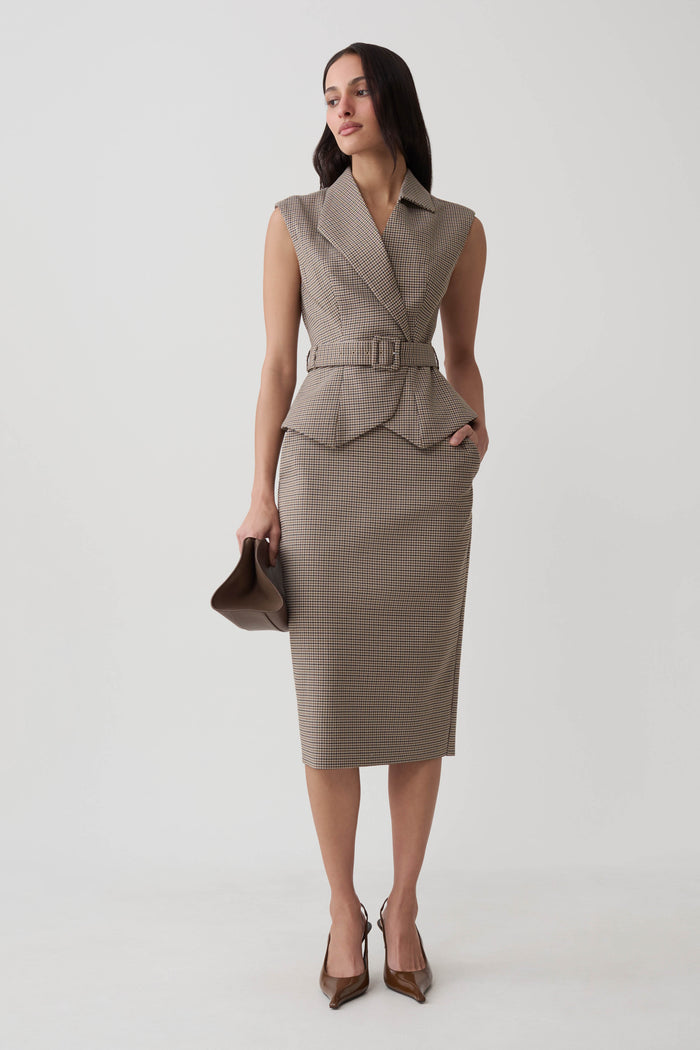 Gisella Suiting Midi Skirt - Tan Check