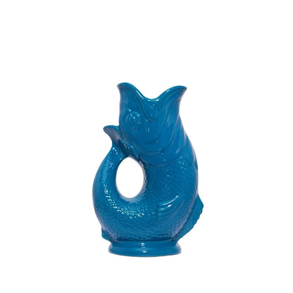 Teal ceramic fish-shaped vase pitcher on a white background