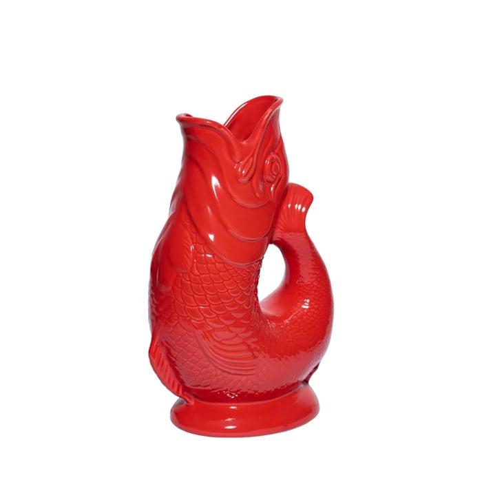Red ceramic fish-shaped vase pitcher on a white background