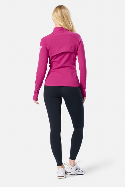 Gym+Coffee Relentless Full Zip Jacket in sunrise pink with four-way stretch and zipped pockets. A breathable, slim-fit layer for everyday wear. Shop at Dotique.