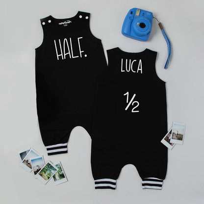 "HALF" 1/2 Birthday Themed Romper with Striped Cuff