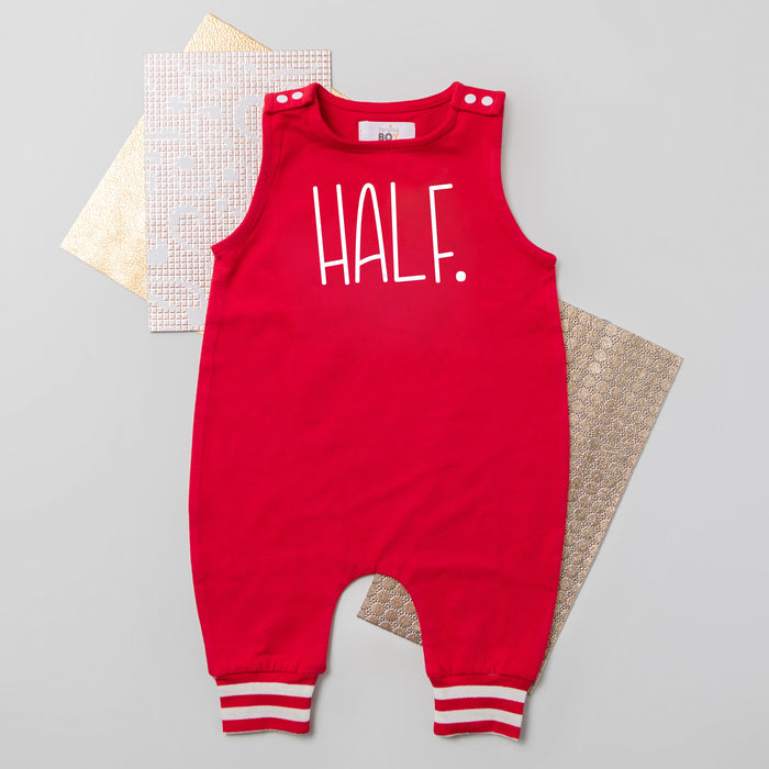 "HALF" 1/2 Birthday Themed Romper with Striped Cuff