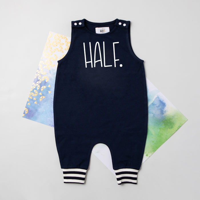 "HALF" 1/2 Birthday Themed Romper with Striped Cuff