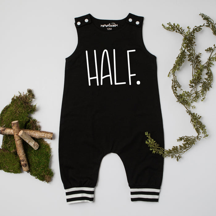 "HALF" 1/2 Birthday Themed Romper with Striped Cuff