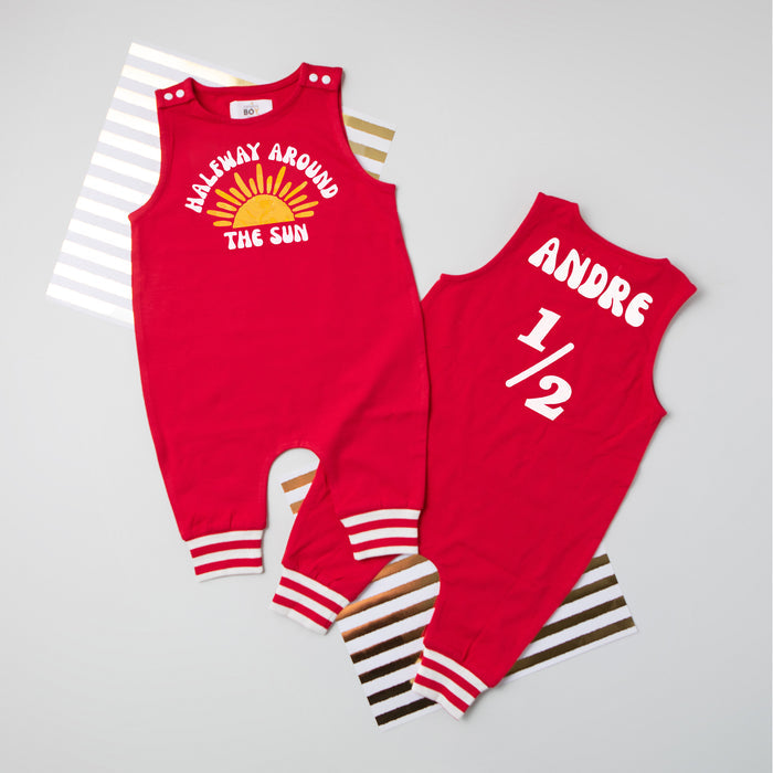 "Halfway Around the Sun" 1/2 Birthday Romper with Striped Cuff