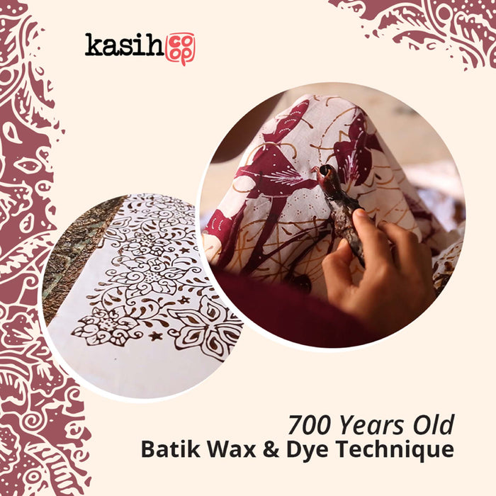 Advertisement for kashii featuring batik wax and dye technique with a hand applying wax to fabric.