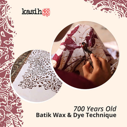 Advertisement for kashii featuring batik wax and dye technique with a hand applying wax to fabric.