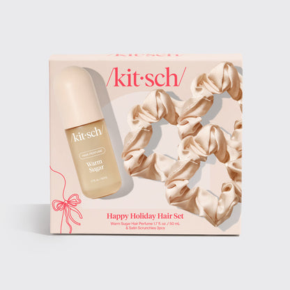 KITSCH Happy Holiday Hair Set — holiday gift packaging shot — includes Warm Sugar Hair Perfume and 3 satin sleep scrunchies — limited-edition holiday gift set