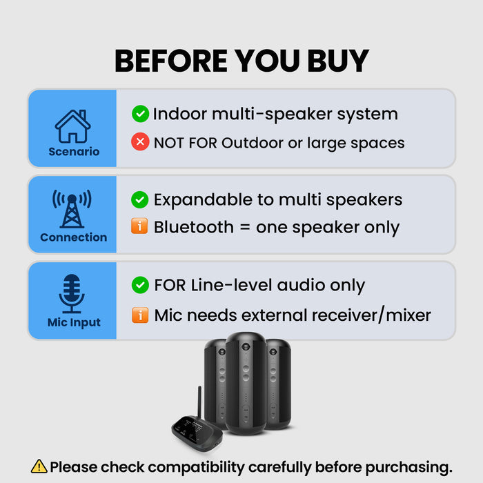 Harmony 2 Multi-Room Wireless Speaker System for home and events, supports multi-speaker expansion, Bluetooth single-speaker mode, and microphone use with additional speakers.