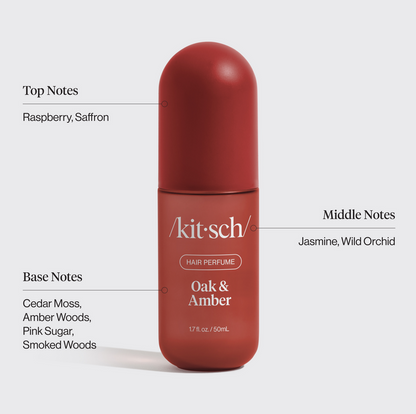 Kitsch Oak & Amber Hair Perfume scent notes infographic with top, middle, and base fragrance notes