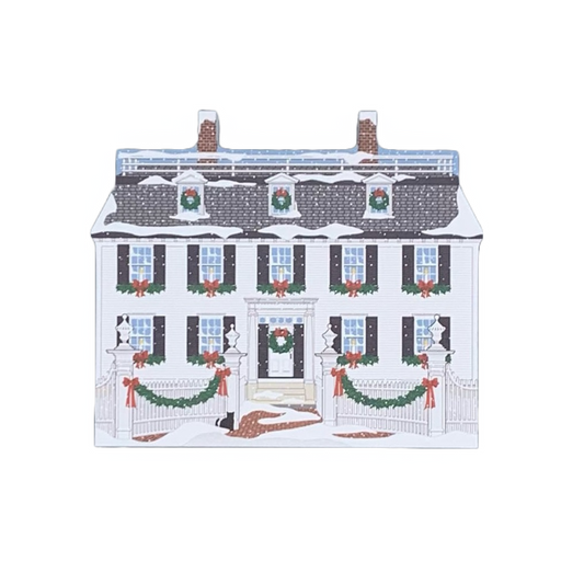A miniature replica of the Ropes Mansion decorated for the holidays with colorful details on the front and historical information on the back.