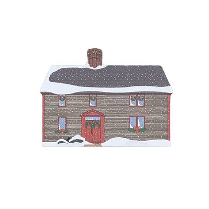 A decorative block featuring the Samuel Pickman House, depicted with a snowy roof and a red front door, against a white background.