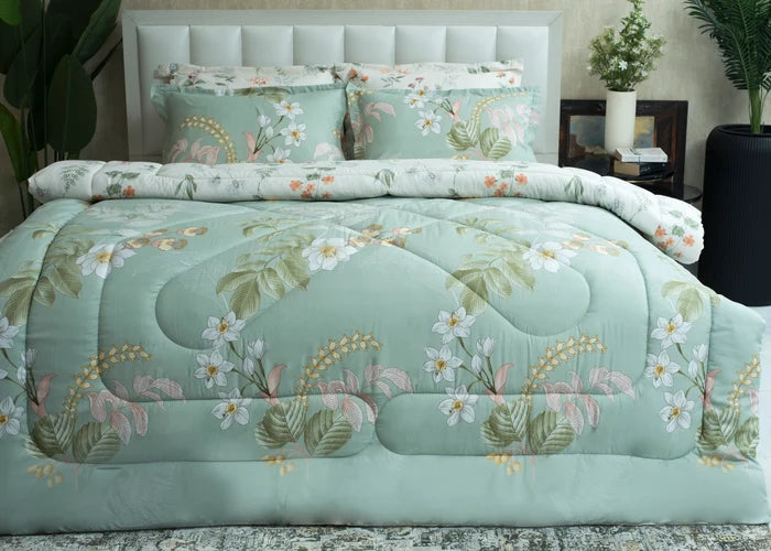 Mint green cotton comforter set with floral leaves and stitched center heart detail