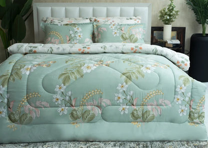 Mint green cotton comforter set with floral leaves and stitched center heart detail