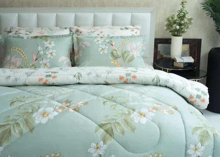 Mint green cotton comforter set with tropical floral print, matching pillows
