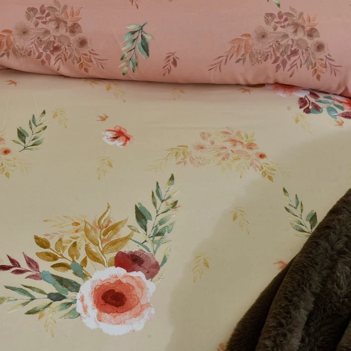 Cotton bed sheet in butternut cream with detailed floral bouquet pattern