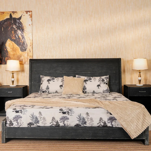 Cotton bed sheet set with tree woodland print, cream base and beige accents
