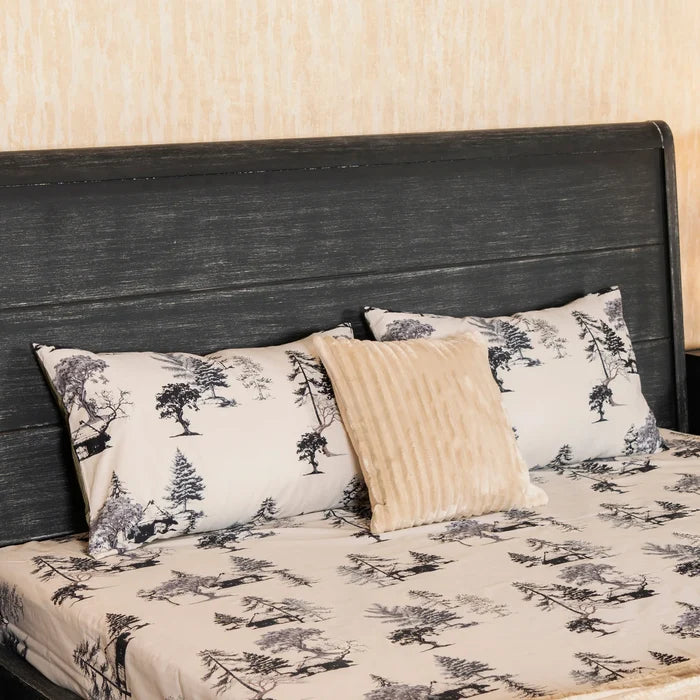 Cotton bed sheet with forest tree print and matching pillowcases in beige and gray
