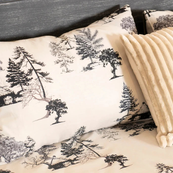 Cotton bed sheet and pillowcase with detailed tree print on cream, gray and beige
