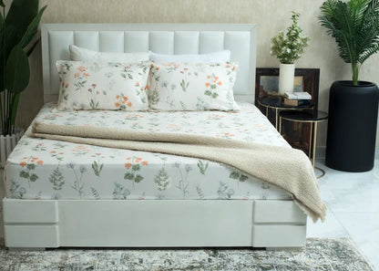 Cotton cream floral bed sheet set with pillowcases and textured bedcover