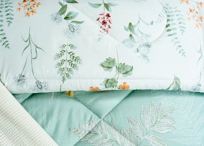 Floral cotton bed sheet set with cream top and mint patterned layer