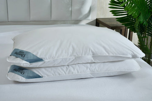 Duck feather filled pillow, folded white design with blue corner label