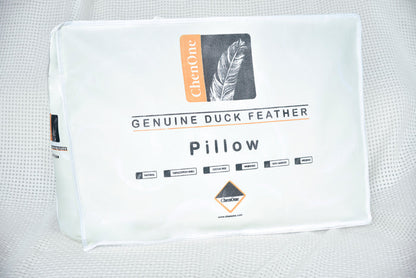 Duck feather pillow insert with Genuine Duck Feather branding label
