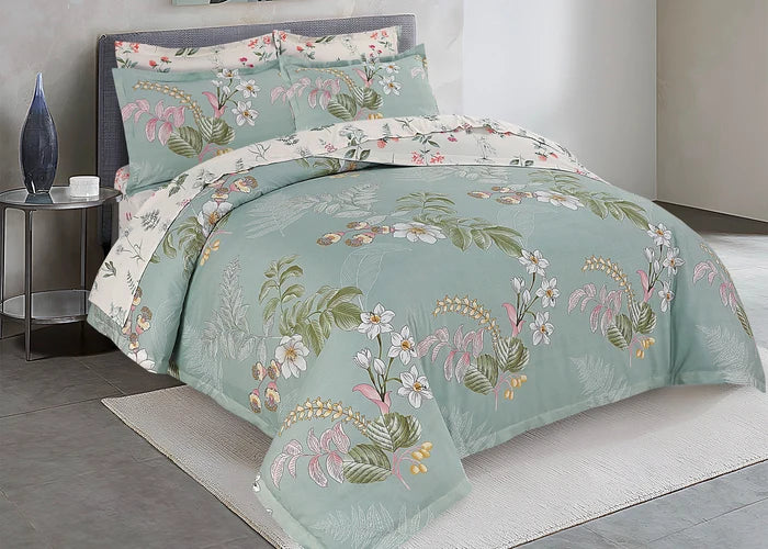 Quilt cover in Sea Grass light teal with tropical floral and leaf print, cotton