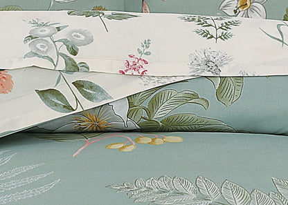Quilt cover close-up: light teal base with cream flowers and green leaf motifs