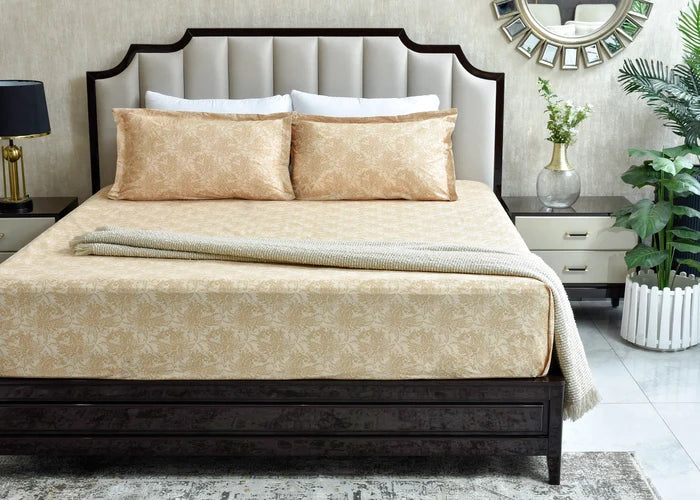 Cotton beige bed sheet set with ornate damask pattern, including pillowcases