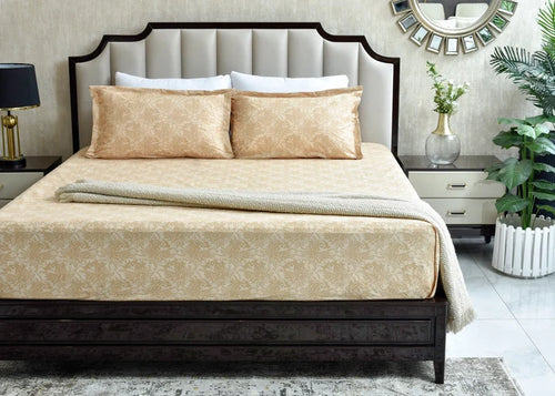 Cotton beige bed sheet set with ornate damask pattern, including pillowcases