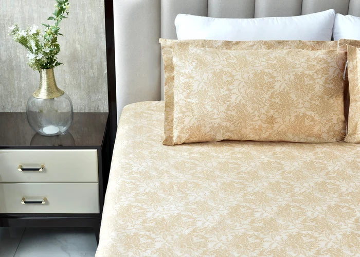 Cotton beige bed sheet set with matching pillowcase in ornate damask pattern