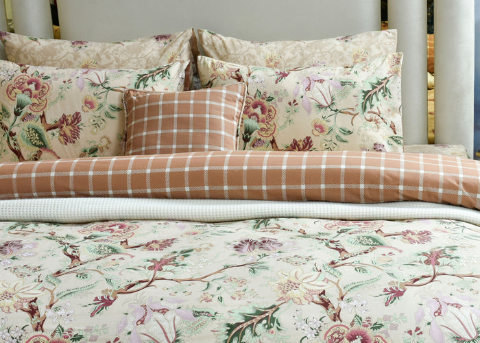 Home summer cushion covers with cream floral print and tan plaid accents