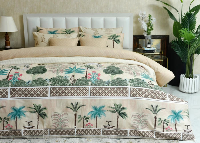 Cotton quilt cover with beige tropical print, teal greens and pink flowers, striped border