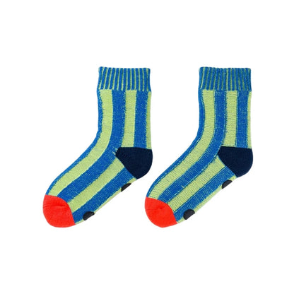 Pair of blue and green striped socks with red accents on a white background