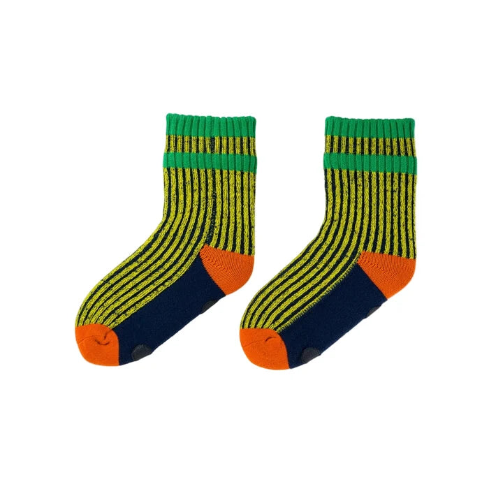 Pair of striped socks with green, yellow, and orange colors on a white background