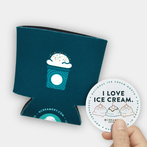 photo of eCreamery Ice Cream Pint Koozie & a "I love Ice Cream" Sticker