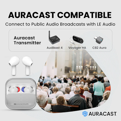 Infinity Multifunctional Wireless Earbuds, compatible with Avantree Audikast 4, Voyager, C82 Aura, and Auracast public broadcasts.
