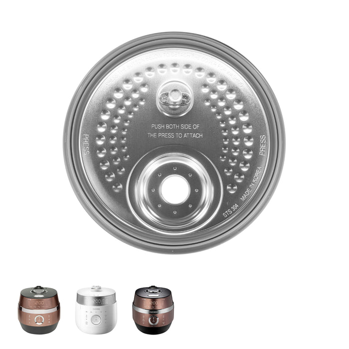 Stainless steel 304 replacement inner lid for Cuckoo rice cookers, shown with various compatible rice cooker models. (08140-0043D0)