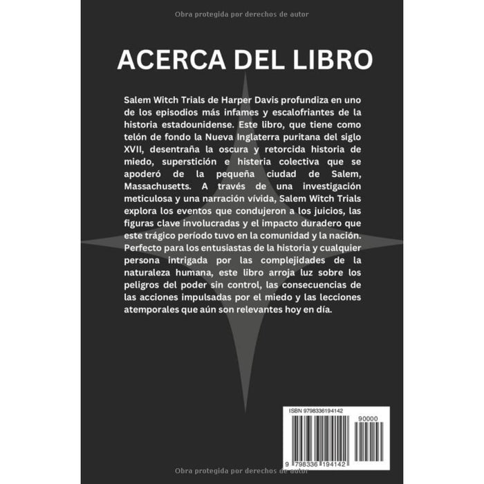 Book back cover with text about Salem Witch Trials and its historical significance.